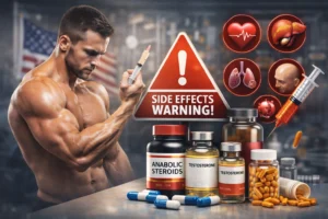 Steroid Risks USA awareness concept with medical supervision and regulatory considerations