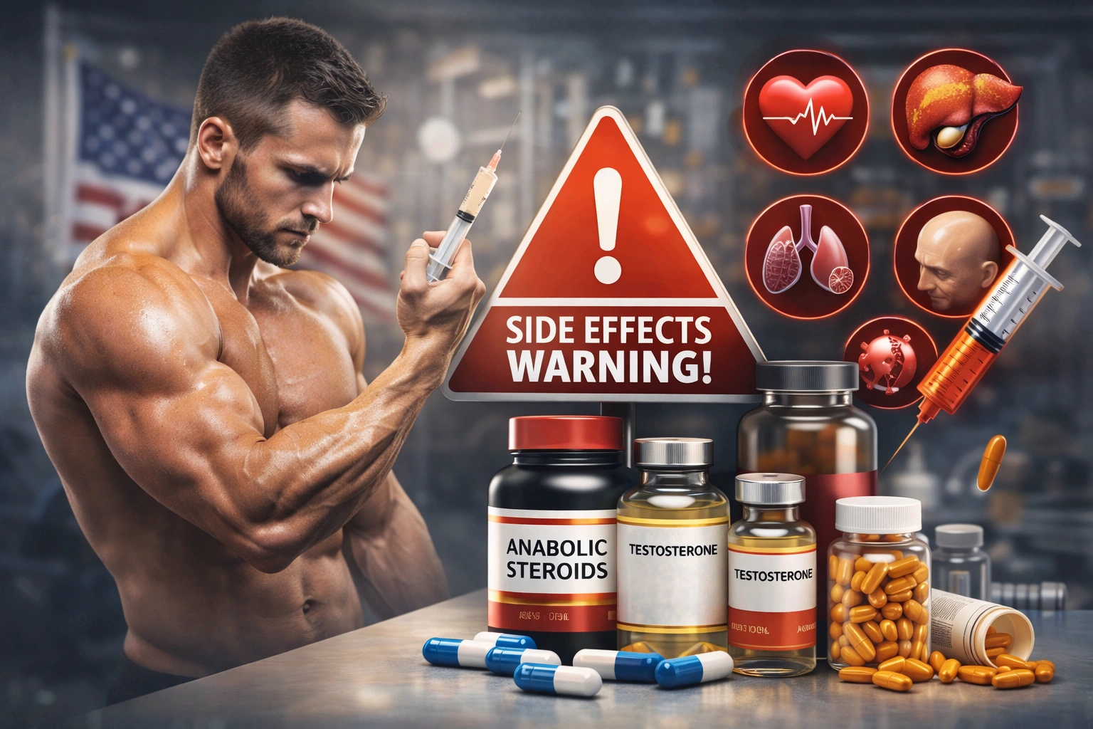Steroid Risks USA awareness concept with medical supervision and regulatory considerations